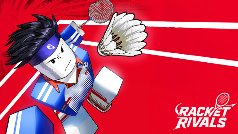 Racket Rivals key art: a player swinging a badminton racket at a shuttlecock on a red court